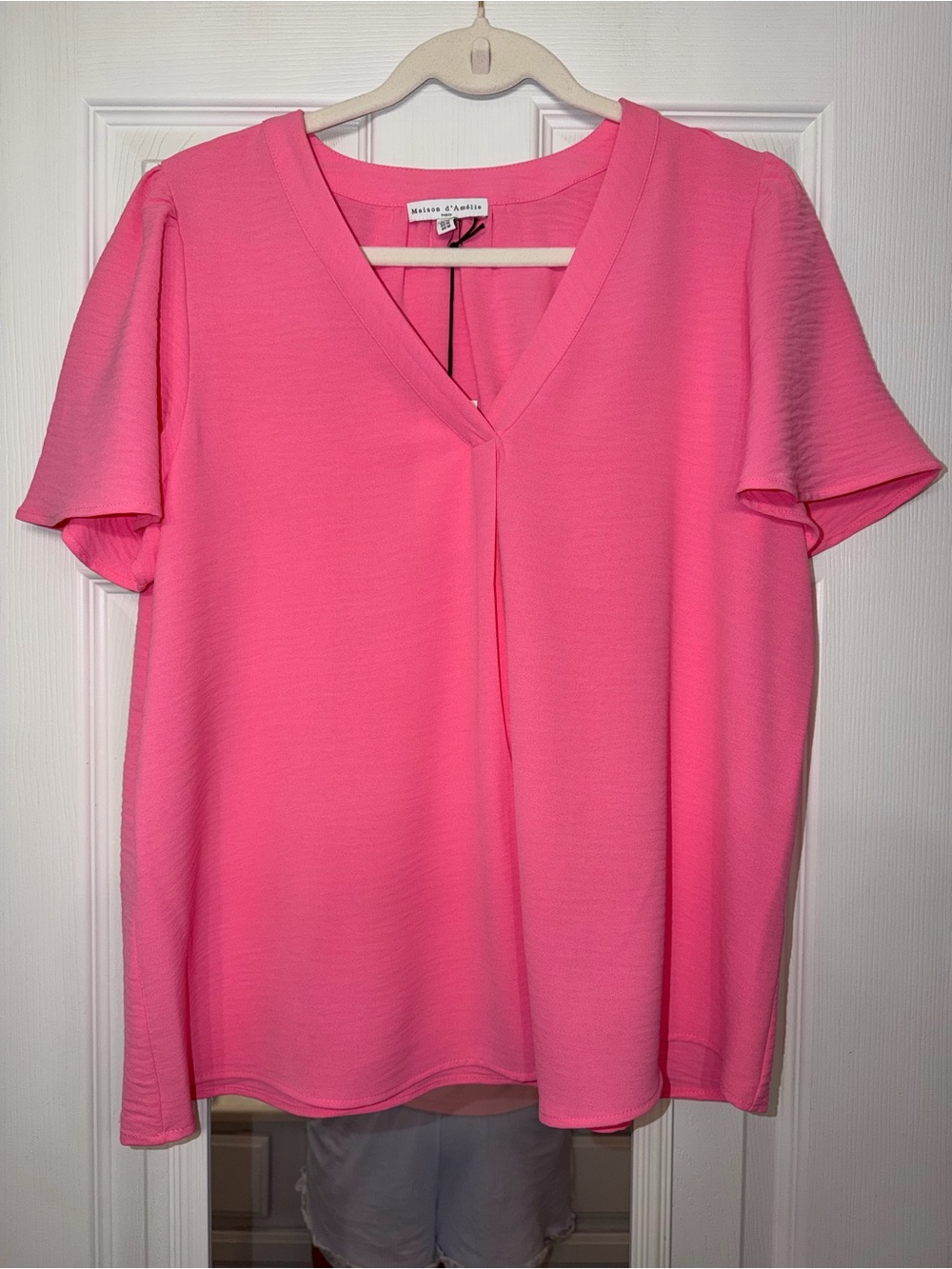 Maison d’Amelie Bright Pink V-Neck Flutter Sleeve Blouse NWT